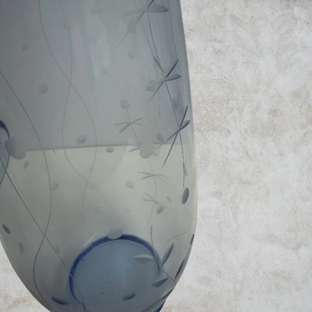 VINTAGE PITCHER -- Blue Glass, Circa 1980, Etched Glass Carafe, Tea/Juice/Water
